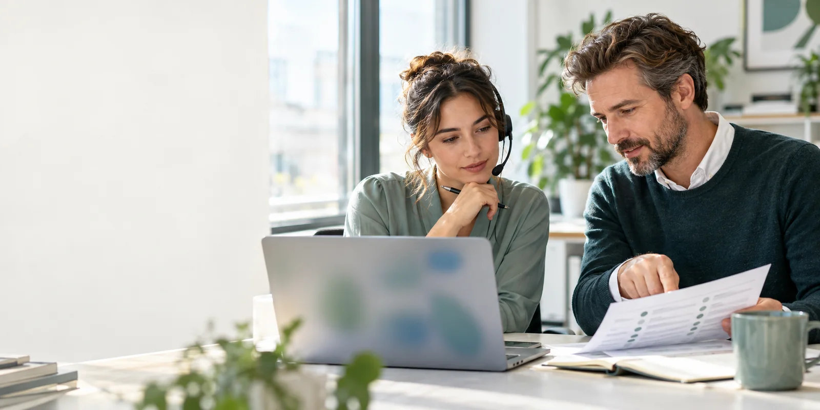 Two colleagues reviewing an AI-assisted response against assessment criteria